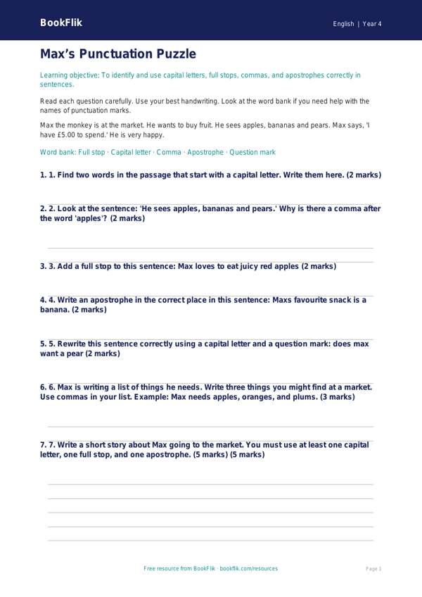 Free Punctuation Assessment | Year 4 Supported | BookFlik worksheet preview — English Punctuation