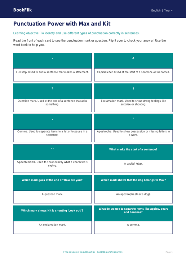 Free Punctuation Flashcards | Year 4 Supported | BookFlik worksheet preview — English Punctuation