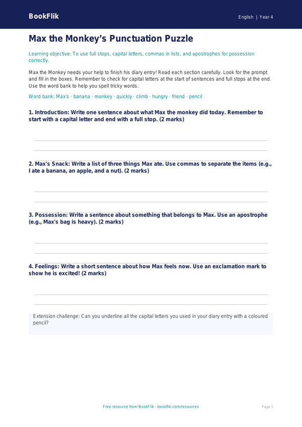 Free Punctuation Template | Year 4 Supported | BookFlik worksheet preview — English Punctuation