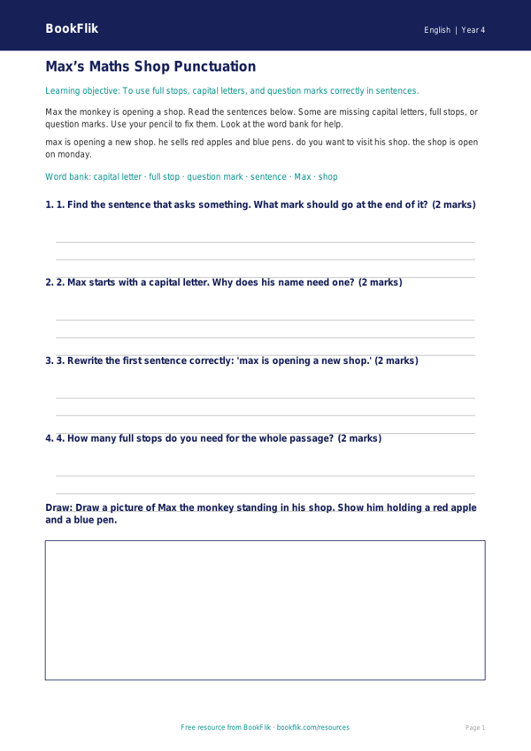 Free Punctuation Track Sheet | Year 4 Supported | BookFlik worksheet preview — English Punctuation