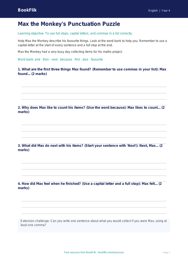 Free Punctuation Writing Frame | Year 4 Supported | BookFlik worksheet preview — English Punctuation