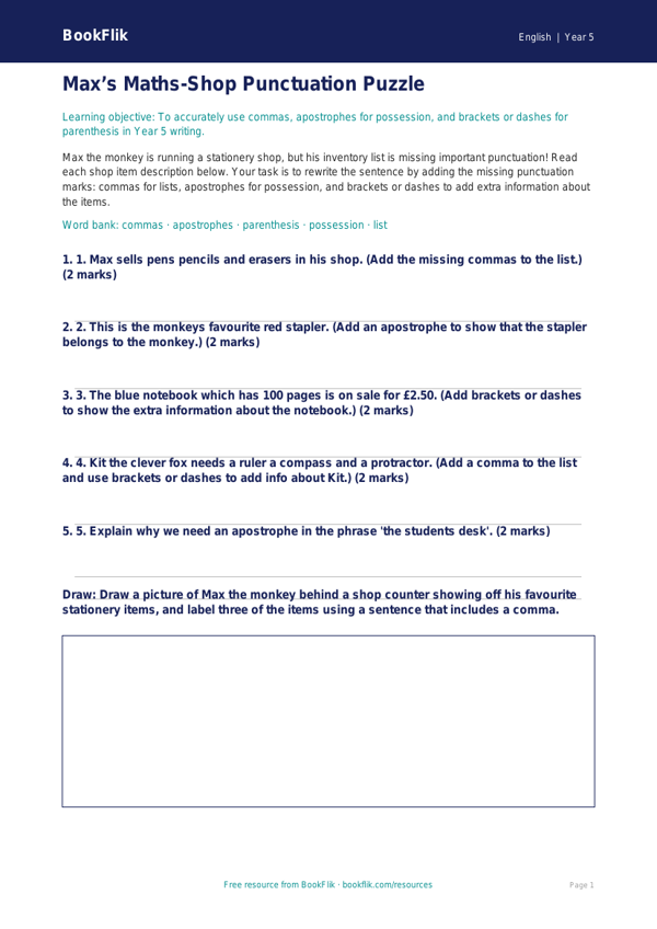 Free Punctuation Activity Sheet | Year 5 Core | BookFlik worksheet preview — English Punctuation