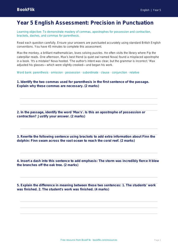 Free Punctuation Assessment | Year 5 Greater Depth | BookFlik worksheet preview — English Punctuation