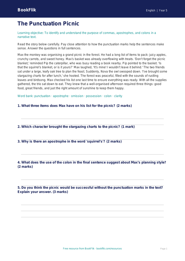 Free Punctuation Comprehension | Year 5 Core | BookFlik worksheet preview — English Punctuation
