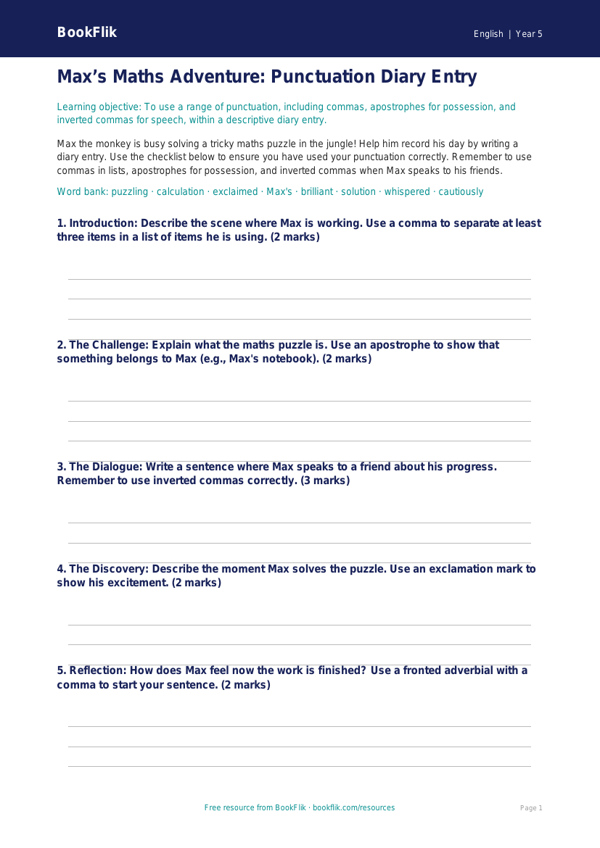 Free Punctuation Template | Year 5 Core | BookFlik worksheet preview — English Punctuation