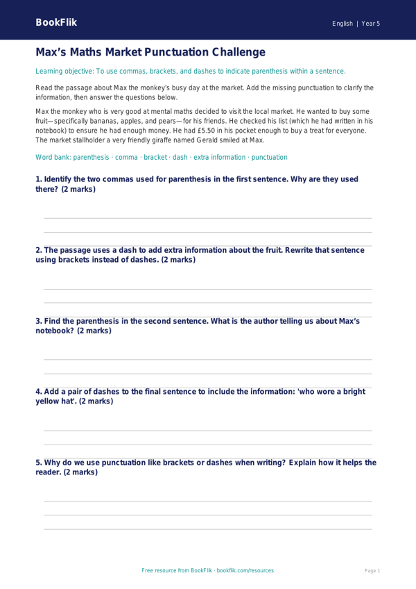 Free Punctuation Track Sheet | Year 5 Core | BookFlik worksheet preview — English Punctuation