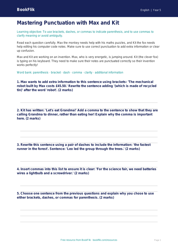 Free Punctuation Worksheet | Year 5 Core | BookFlik worksheet preview — English Punctuation