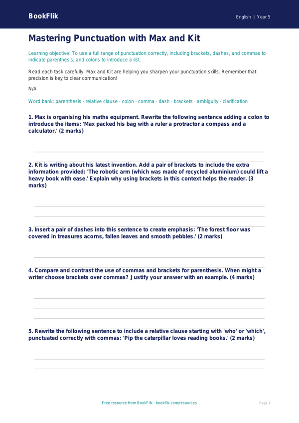 Free Punctuation Worksheet | Year 5 Greater Depth | BookFlik worksheet preview — English Punctuation