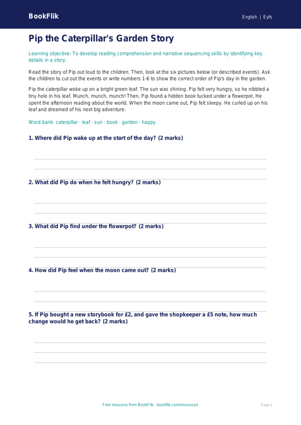 Free Reading Comprehension Activity Sheet | EYFS Core | BookFlik worksheet preview — English Reading Comprehension