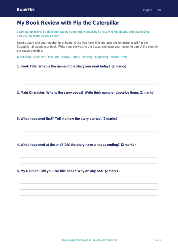 Free Reading Comprehension Template | EYFS Core | BookFlik worksheet preview — English Reading Comprehension