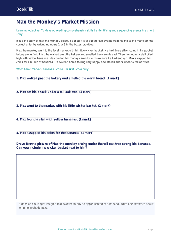 Free Reading Comprehension Activity Sheet | Year 1 Core | BookFlik worksheet preview — English Reading Comprehension