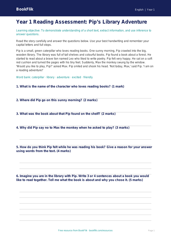 Free Reading Comprehension Assessment | Year 1 Core | BookFlik worksheet preview — English Reading Comprehension