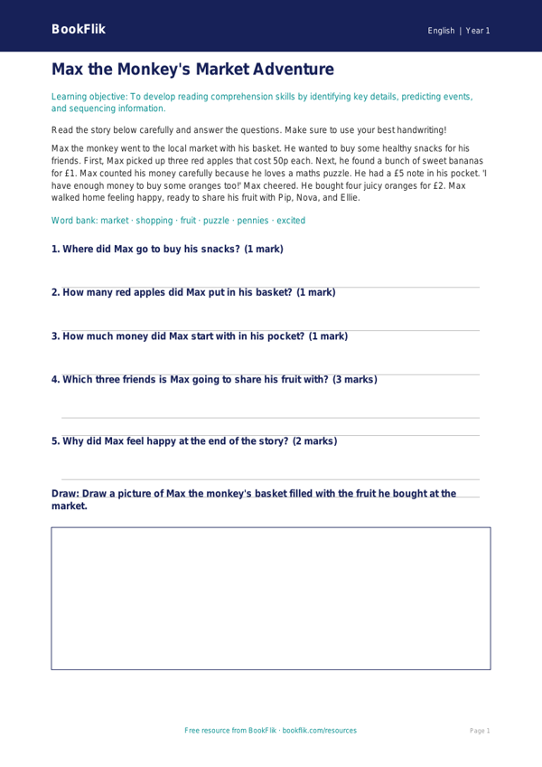 Free Reading Comprehension Worksheet | Year 1 Core | BookFlik worksheet preview — English Reading Comprehension