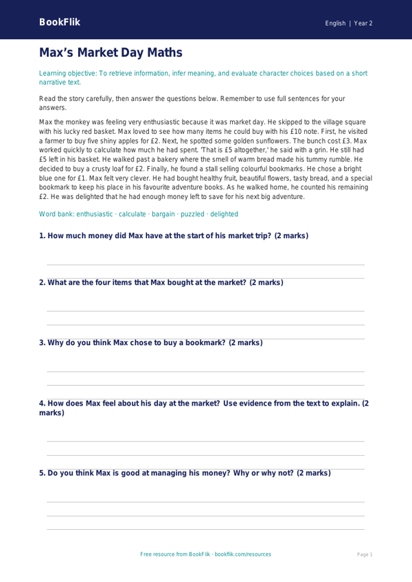 Free Reading Comprehension Worksheet | Year 2 Core | BookFlik worksheet preview — English Reading Comprehension