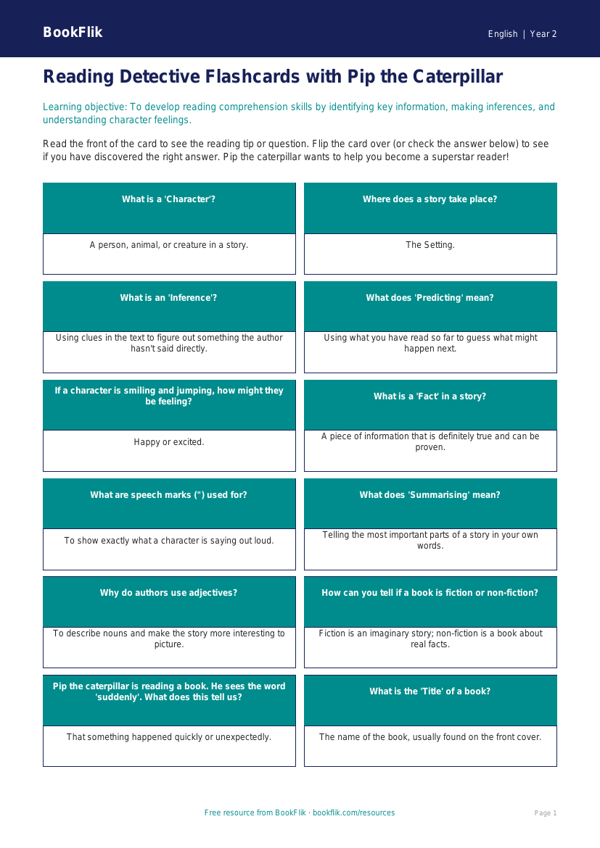 Free Reading Comprehension Flashcards | Year 2 Core | BookFlik worksheet preview — English Reading Comprehension