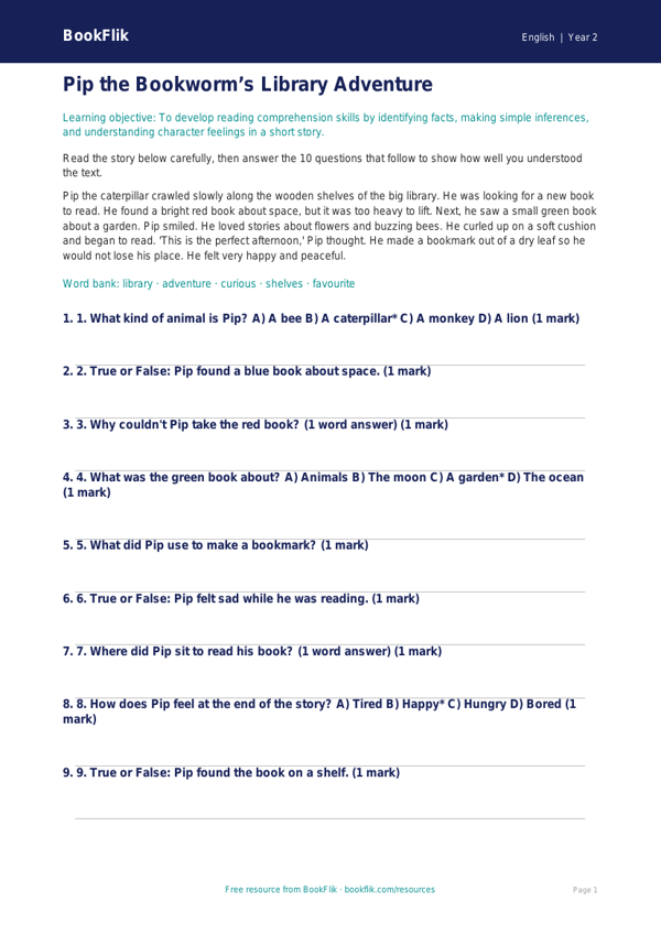 Free Reading Comprehension Quiz | Year 2 Core | BookFlik worksheet preview — English Reading Comprehension