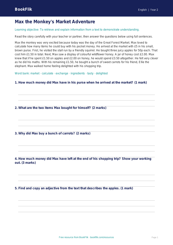 Free Reading Comprehension Track Sheet | Year 2 Core | BookFlik worksheet preview — English Reading Comprehension