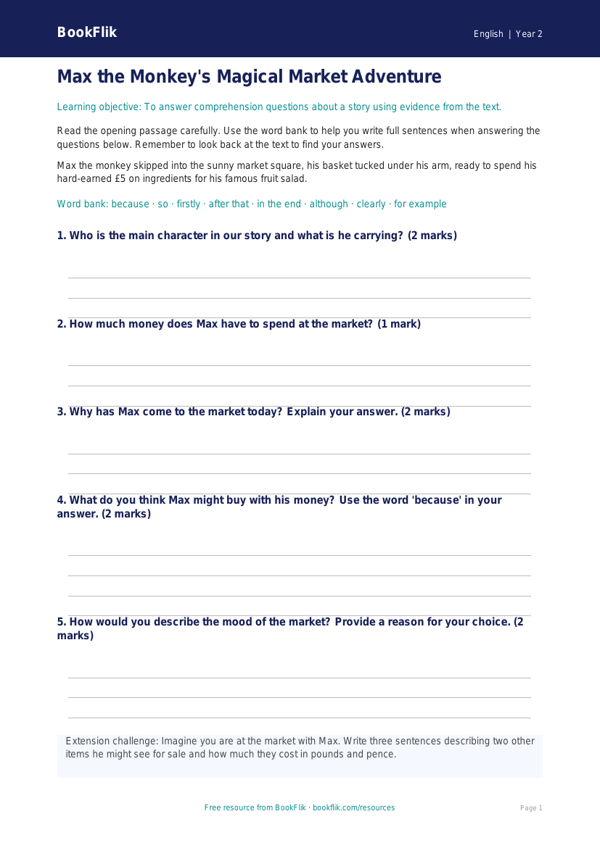 Free Reading Comprehension Writing Frame | Year 2 Core | BookFlik worksheet preview — English Reading Comprehension