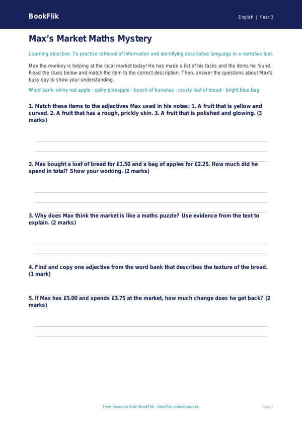 Free Reading Comprehension Activity Sheet | Year 3 Core | BookFlik worksheet preview — English Reading Comprehension