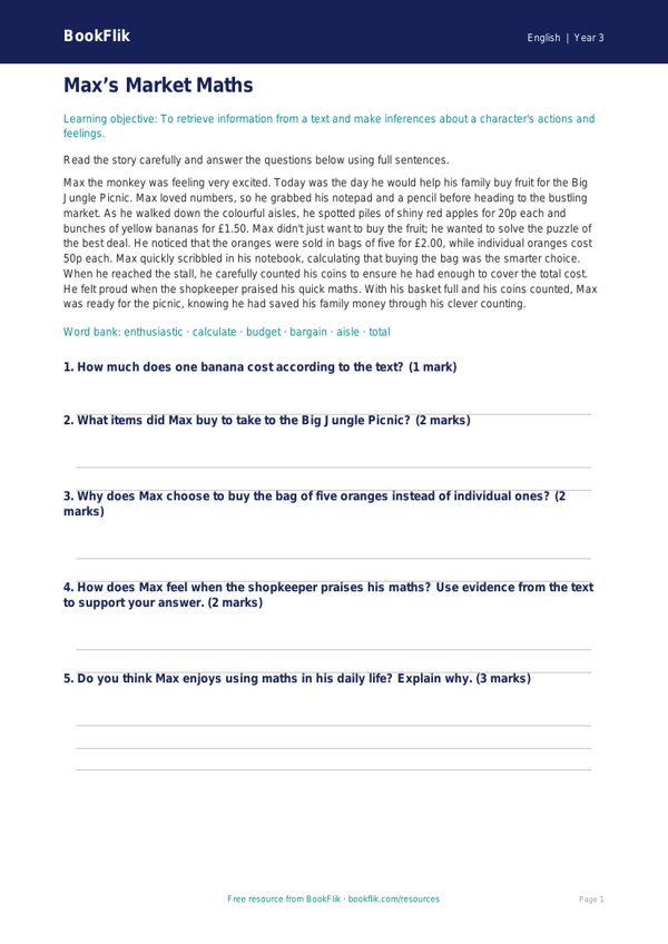 Free Year 3 Reading Comprehension Worksheet | Printable PDF | BookFlik worksheet preview — English Reading Comprehension