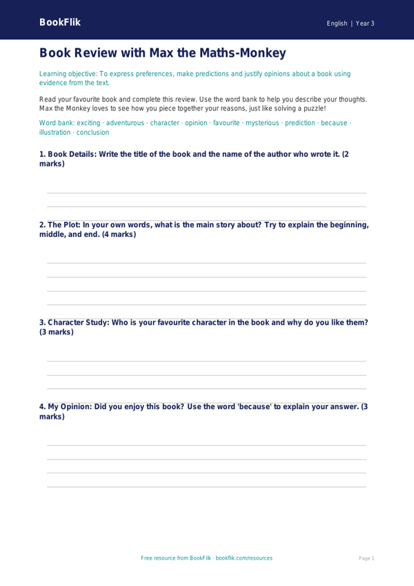 Free Reading Comprehension Template | Year 3 Core | BookFlik worksheet preview — English Reading Comprehension