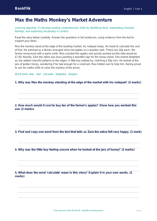 Free Reading Comprehension Worksheet | Year 3 Core | BookFlik worksheet preview — English Reading Comprehension