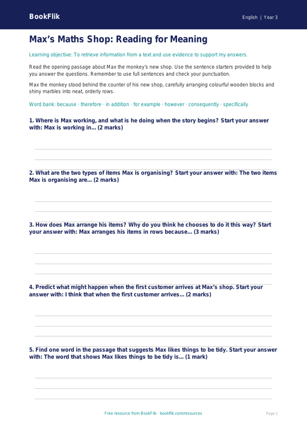 Free Reading Comprehension Writing Frame | Year 3 Core | BookFlik worksheet preview — English Reading Comprehension