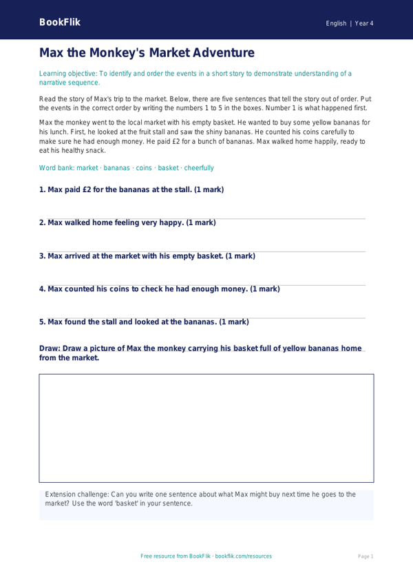 Free Reading Comprehension Activity Sheet | Year 4 Supported | BookFlik worksheet preview — English Reading Comprehension