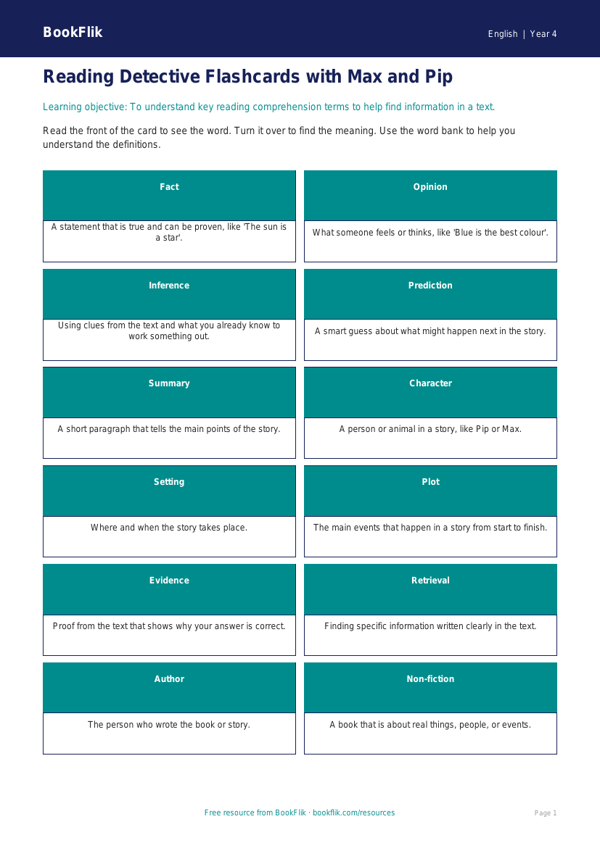 Free Reading Comprehension Flashcards | Year 4 Supported | BookFlik worksheet preview — English Reading Comprehension