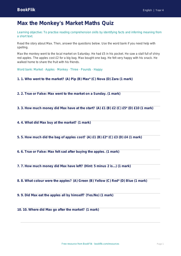 Free Reading Comprehension Quiz | Year 4 Supported | BookFlik worksheet preview — English Reading Comprehension