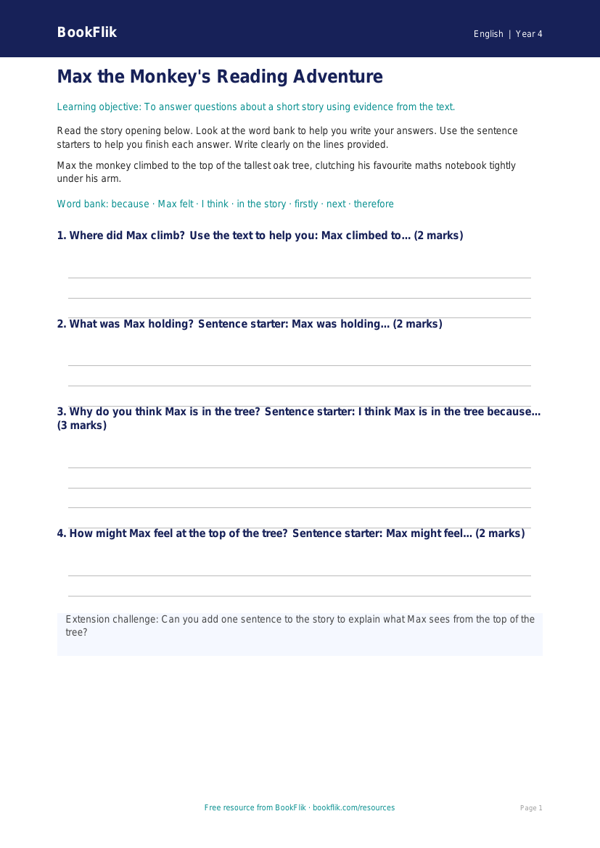 Free Reading Comprehension Writing Frame | Year 4 Supported | BookFlik worksheet preview — English Reading Comprehension
