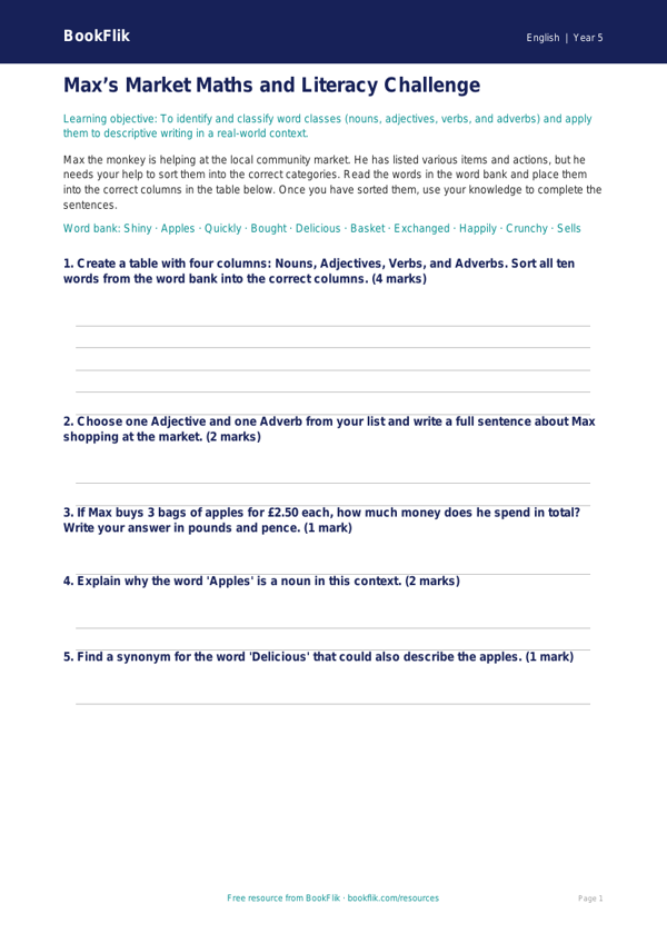 Free Reading Comprehension Activity Sheet | Year 5 Core | BookFlik worksheet preview — English Reading Comprehension