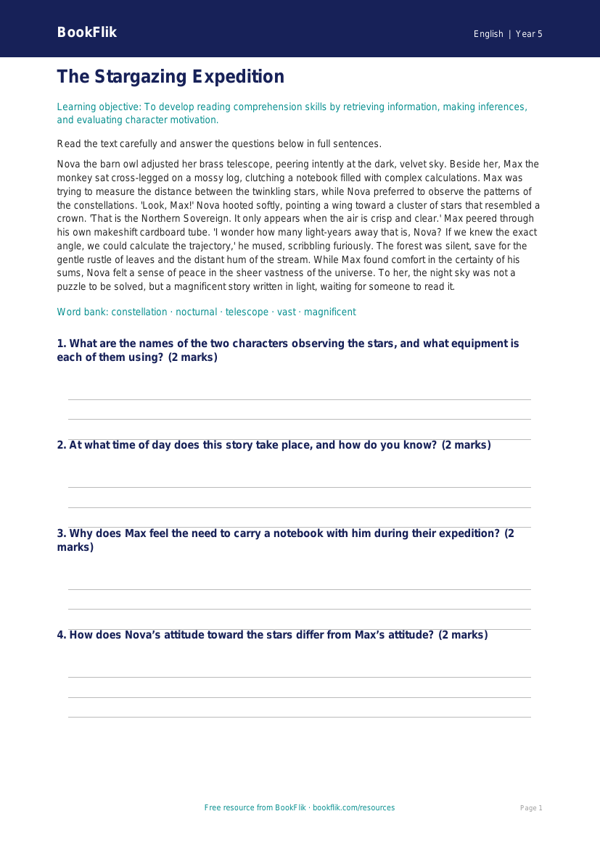 Free Year 5 Reading Comprehension Worksheet | PDF Download | BookFlik worksheet preview — English Reading Comprehension