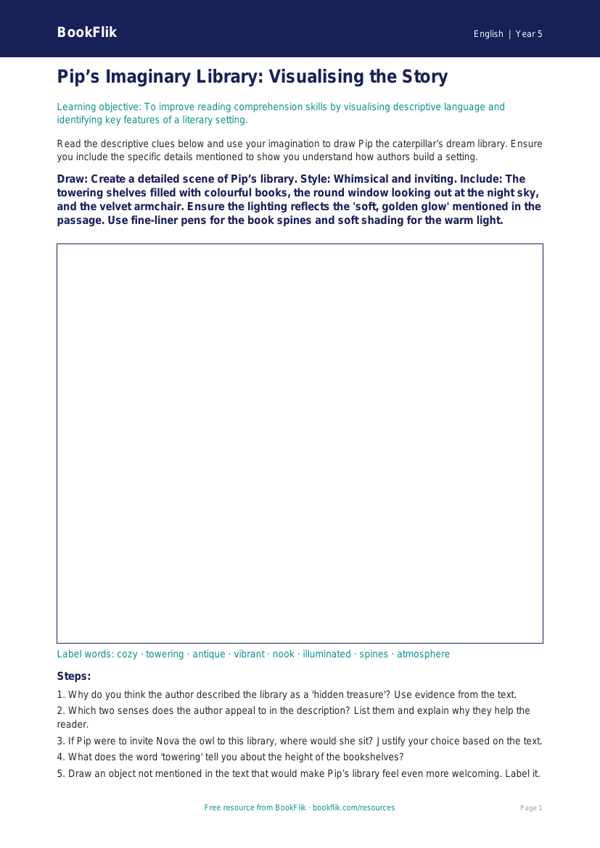 Free Reading Comprehension Drawing Sheet | Year 5 Core | BookFlik worksheet preview — English Reading Comprehension