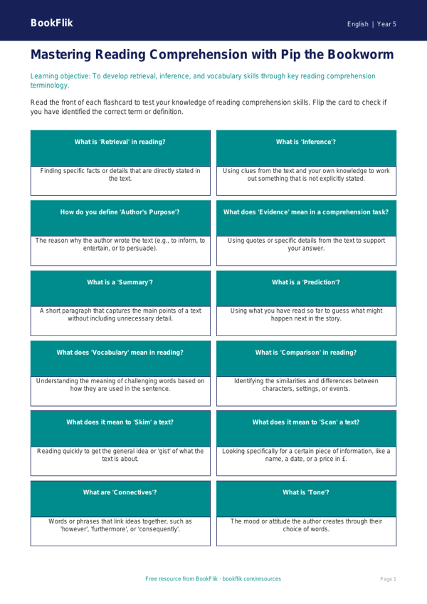 Free Reading Comprehension Flashcards | Year 5 Core | BookFlik worksheet preview — English Reading Comprehension