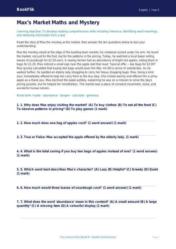 Free Reading Comprehension Quiz | Year 5 Core | BookFlik worksheet preview — English Reading Comprehension