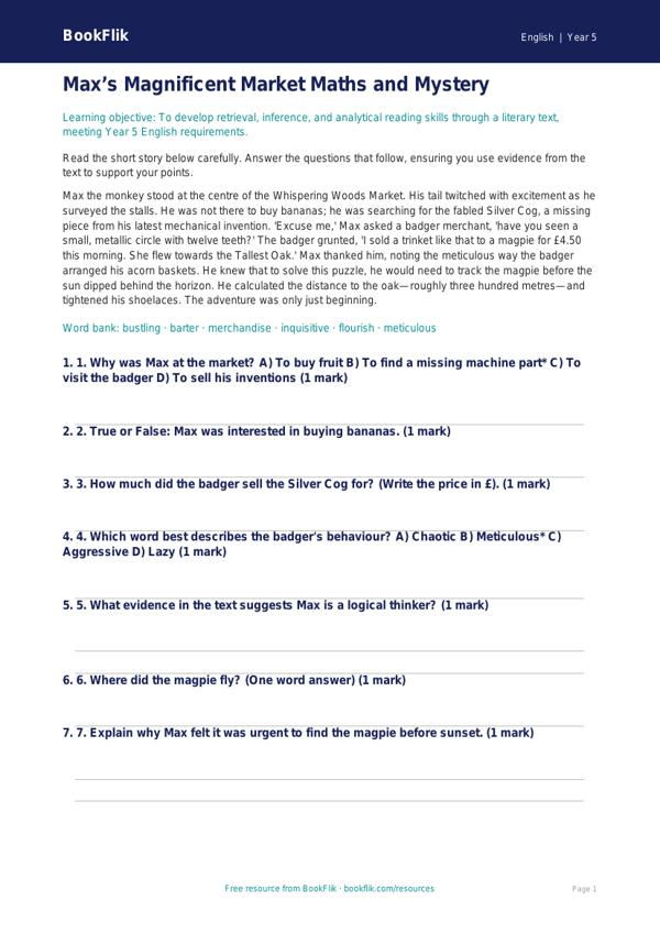 Free Reading Comprehension Quiz | Year 5 Greater Depth | BookFlik worksheet preview — English Reading Comprehension