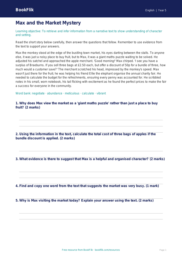Free Reading Comprehension Track Sheet | Year 5 Core | BookFlik worksheet preview — English Reading Comprehension