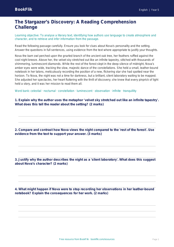 Free Reading Comprehension Track Sheet | Year 5 Greater Depth | BookFlik worksheet preview — English Reading Comprehension