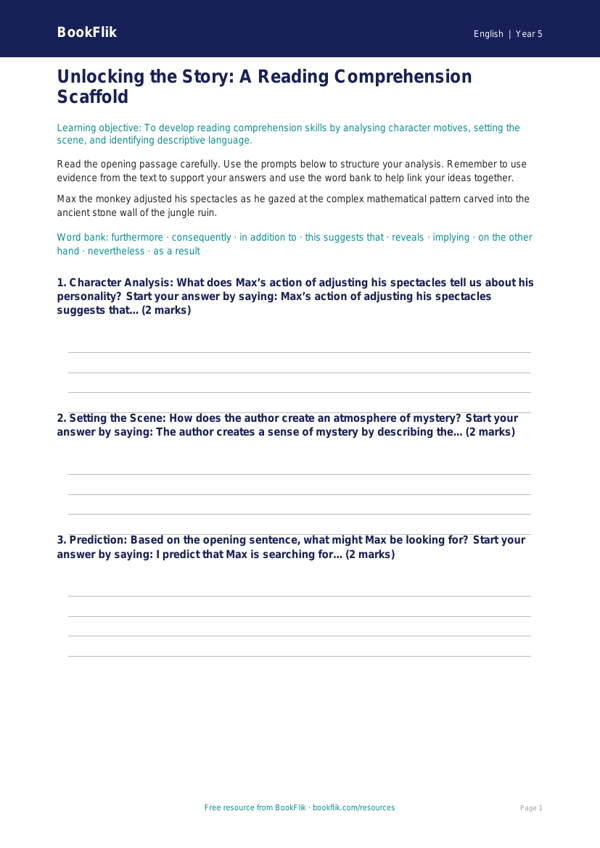 Free Reading Comprehension Writing Frame | Year 5 Core | BookFlik worksheet preview — English Reading Comprehension