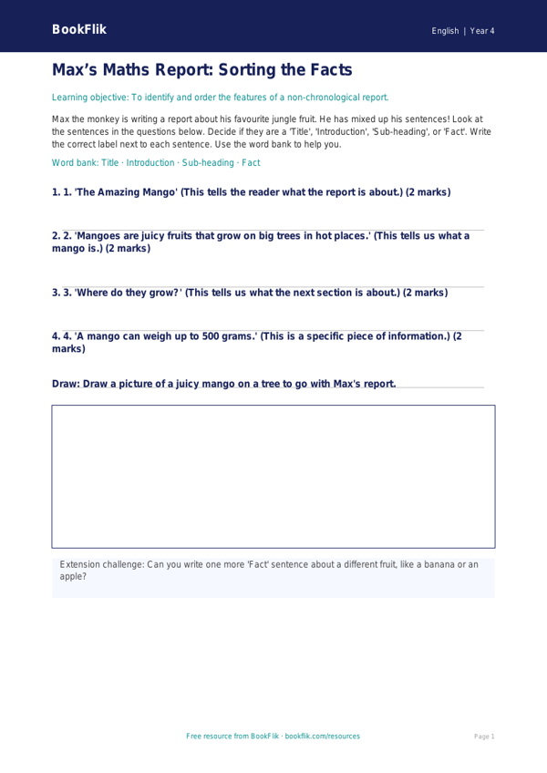 Free Report Writing Activity Sheet | Year 4 Supported | BookFlik worksheet preview — English Report Writing