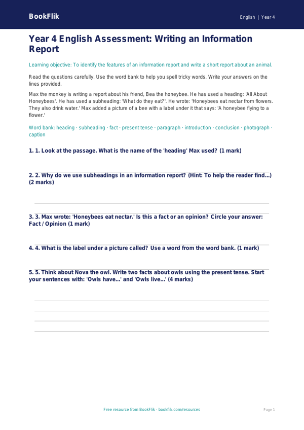 Free Report Writing Assessment | Year 4 Supported | BookFlik worksheet preview — English Report Writing