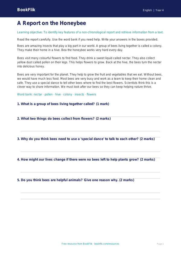 Free Report Writing Comprehension | Year 4 Supported | BookFlik worksheet preview — English Report Writing