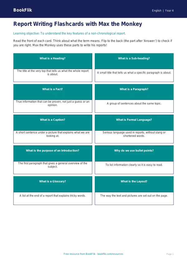 Free Report Writing Flashcards | Year 4 Supported | BookFlik worksheet preview — English Report Writing