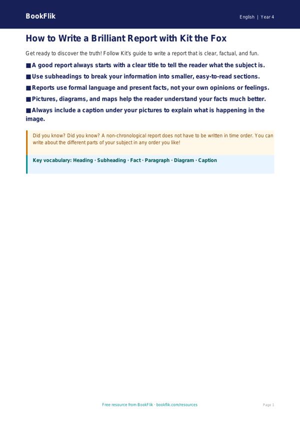 Free Report Writing Poster | Year 4 Supported | BookFlik worksheet preview — English Report Writing