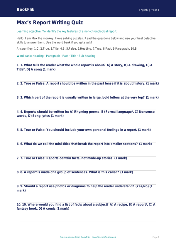 Free Report Writing Quiz | Year 4 Supported | BookFlik worksheet preview — English Report Writing