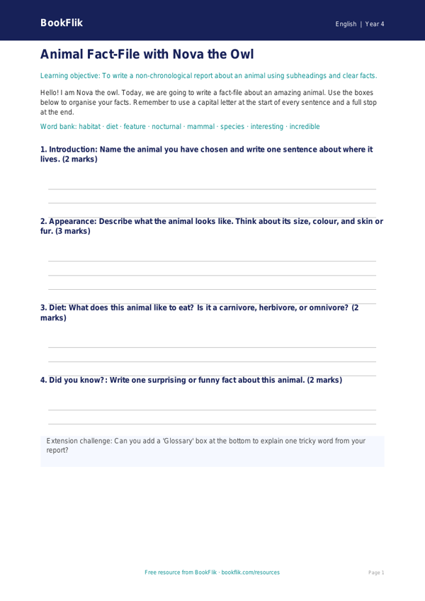 Free Report Writing Template | Year 4 Supported | BookFlik worksheet preview — English Report Writing