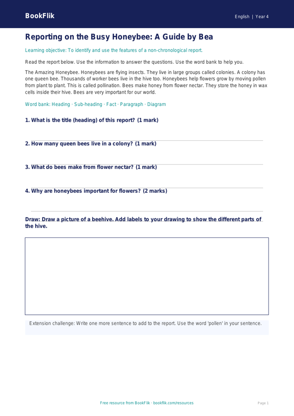 Free Report Writing Track Sheet | Year 4 Supported | BookFlik worksheet preview — English Report Writing