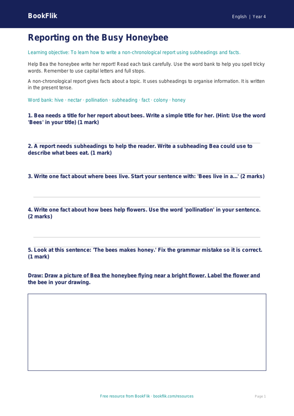 Free Report Writing Worksheet | Year 4 Supported | BookFlik worksheet preview — English Report Writing