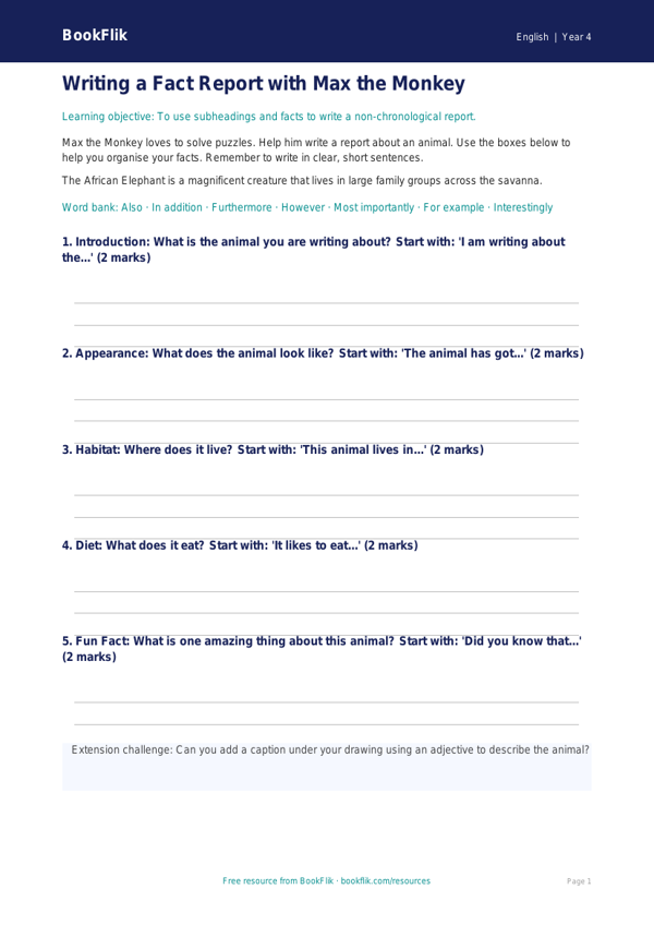 Free Report Writing Frame | Year 4 Supported Worksheet | BookFlik worksheet preview — English Report Writing